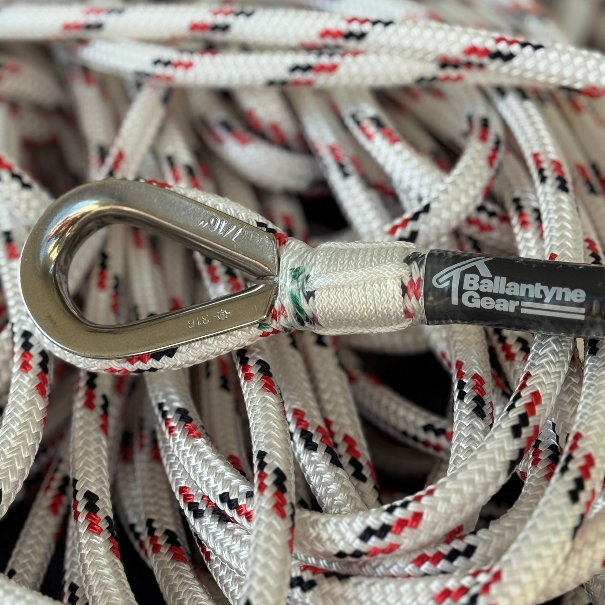 Ballantyne Gear hand-spliced double braid rope with fixed loop termination, reinforced stitching, and protective coating, individually crafted using an advanced eye splice method with core braid back splice for high-performance fall protection use.