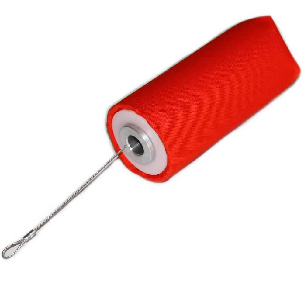 A red canvas-covered projectile a line-thrower attachment used in fall protection installation with Eveook
