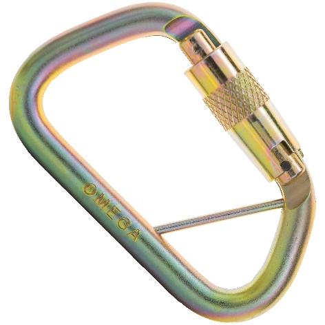 A steel carabiner with a green and gold color finish and a triple lock mechanism.