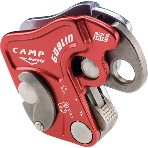 A red CAMP Safety Goblin fall arrester with gray accents and branding, featuring campsite safety locks and a made in Italy label.