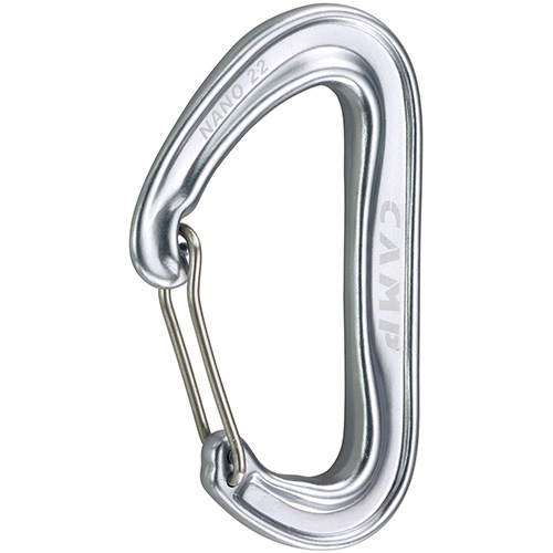 A silver CAMP Nano 22 carabiner with a sleek design, featuring a large basket and a refined gate for clipping.