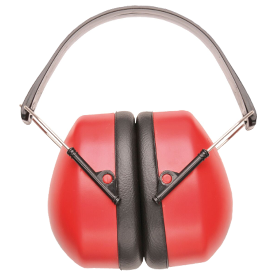 A pair of red hearing protection ear muffs with black accents and adjustable metal straps.