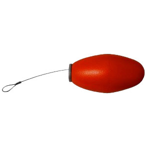 A red plastic-covered projectile with a cable attached to it, designed for line-thrower systems.