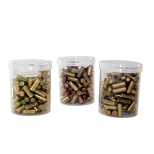 Three clear plastic containers with a water-tight seal, each containing different colored bullet cartridges.