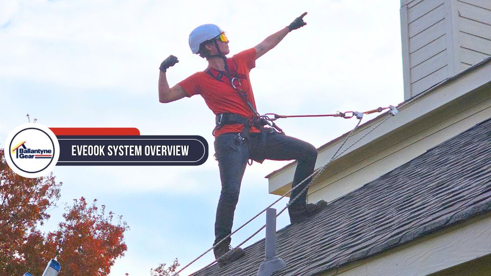 Picture of sloped roof worker posing and having fun on roof using Eveook Fall Protection