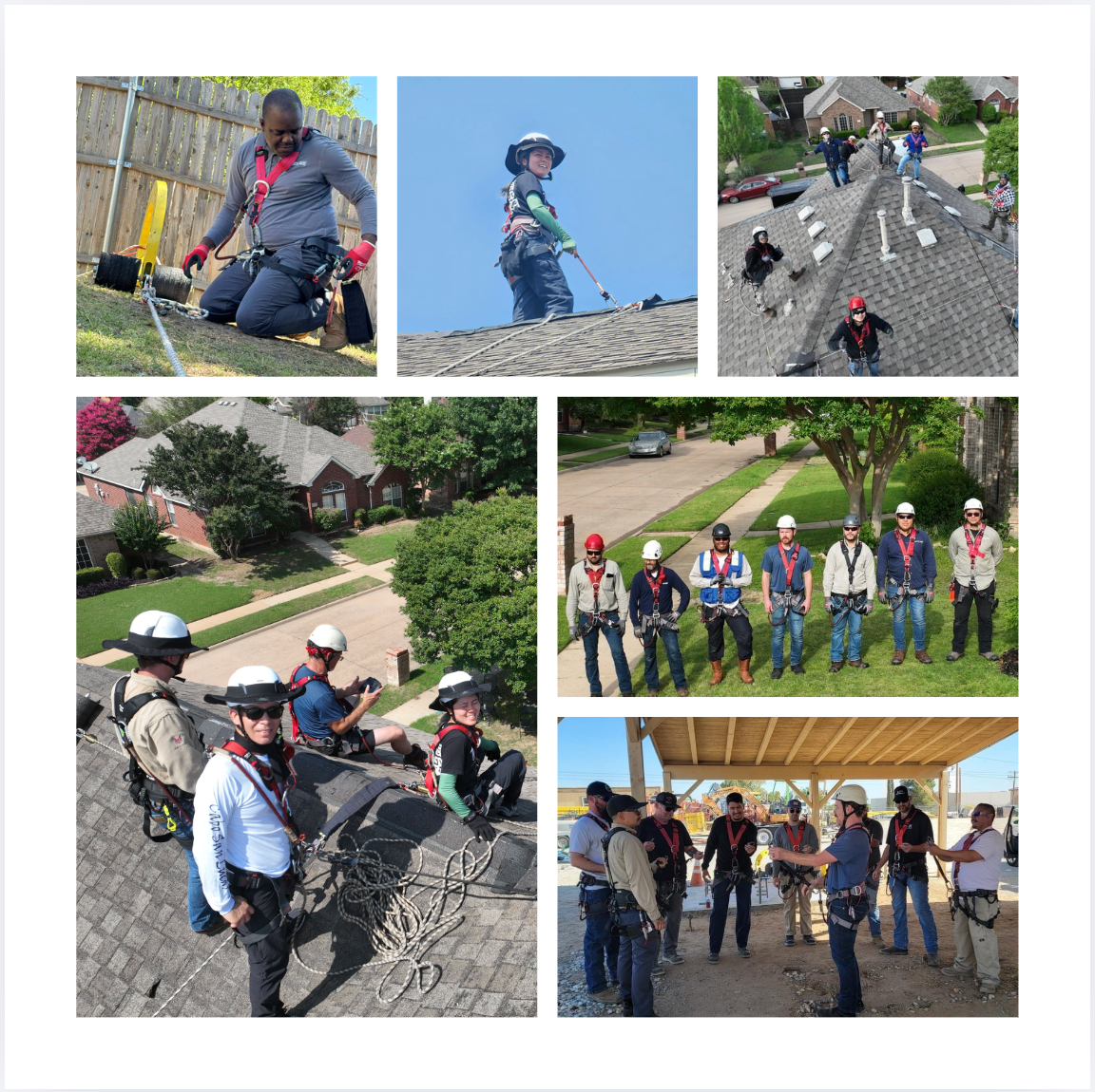 trainees wearing PPE in various stages of training of their in-perosn sloped roof fall protection training using the Eveook Fall Protection System.