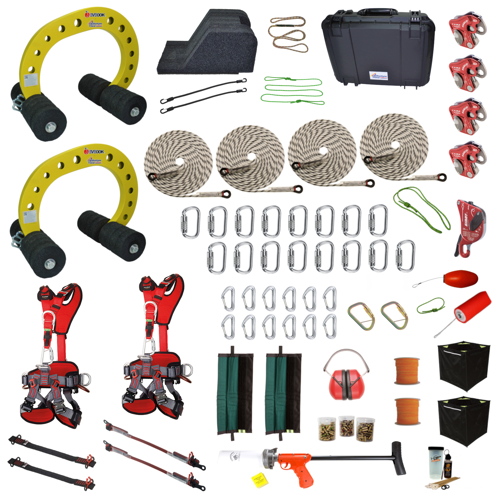 shows the layout of parts for roofing fall protection including roofing harnesses, ropes, carabiners etc. for sloped roofs. 