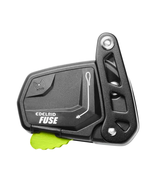 A black Edelrid Fuse fall arrester with a green detail, designed for hands-free fall protection.