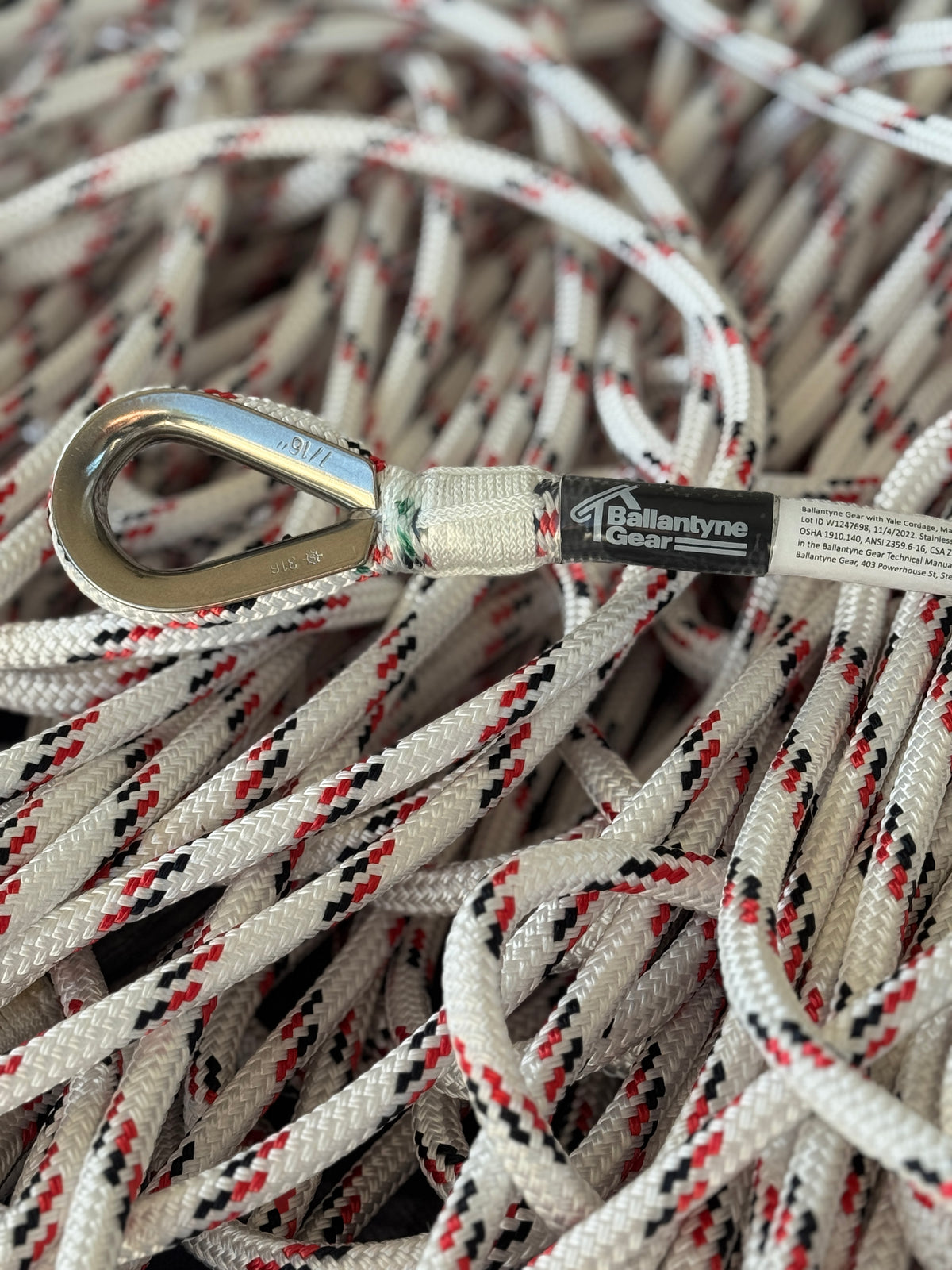 Close up of hand-spliced UMHWPE rope for 8 user Eveook Fall Protection System non-penetrating roof anchor