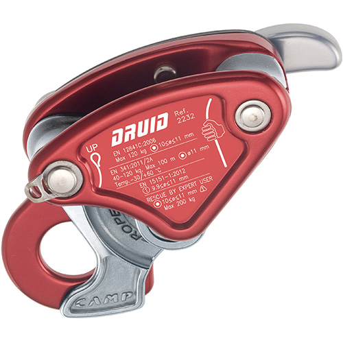 A red and silver CAMP Safety Druid auto-braking descender for rope access and rescue, made of hot-forged aluminum alloy with precision-cast stainless steel mechanical parts.