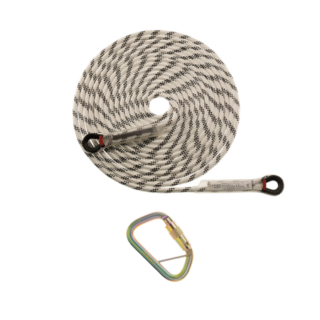 A coiled semi-static rope with black and white pattern, UHMWPE, and a carabiner