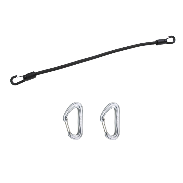 A black bungee cord and two silver carabiners for line guide, used for fall protection on sloped roofs