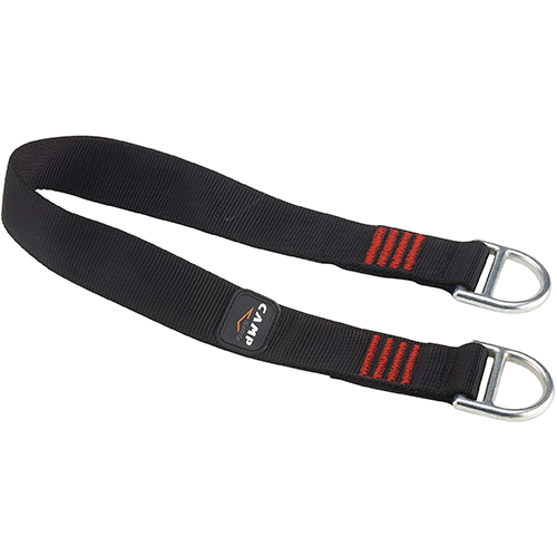 A black nylon short anchor webbing with red stripes and fixed steel rings at each end, featuring the CAMP Safety logo.